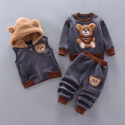 Warmer 3-teiliges Winter-Set für Babys – Kapuzenjacke mit Bärenmotiv, Weste & Hose – Baumwoll-Fleece für Jungen & Mädchen (1–3 Jahre)