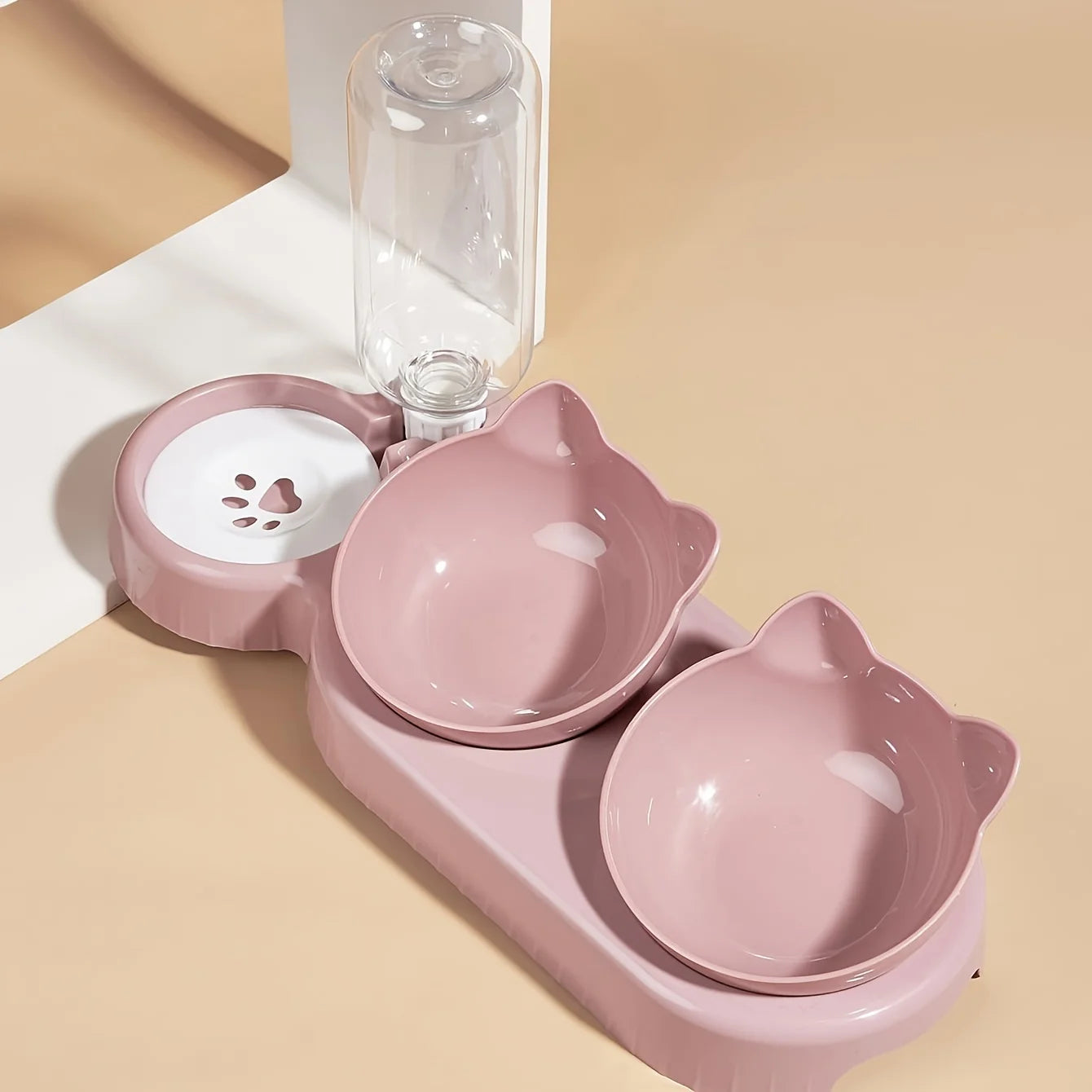 3-in-1 Katzennapf mit Wasserspender – Neigbares Design mit Ohrenform für Futter, Wasser und Nackenschutz