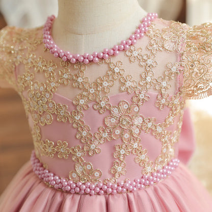 Vintage Prinzessinnenkleid mit Spitze & Stickerei – Luxuriöses Partykleid für Mädchen mit Rüschen & Goldakzenten (1–5 Jahre)