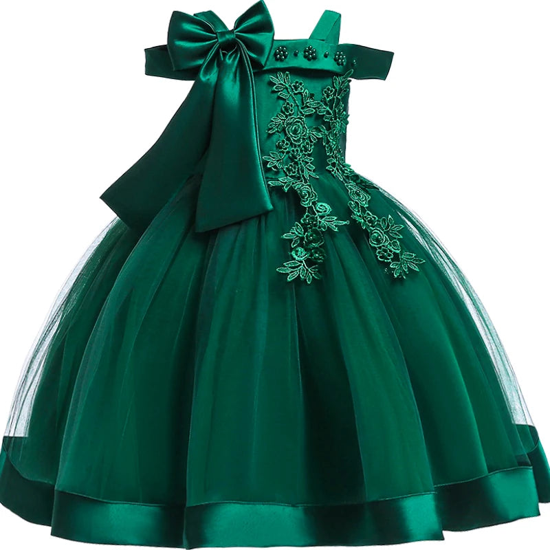 Elegantes Weihnachts- & Festkleid für Mädchen – Schulterfreies Ballkleid mit Blumenapplikationen & Schleife – Für Hochzeit, Geburtstag & Gala (Größe 110–150)