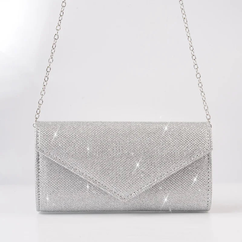 Damen Glitzer Clutch – Envelope-Abendtasche mit Kette in Silber – Elegante Mini-Handtasche für Hochzeit & Party