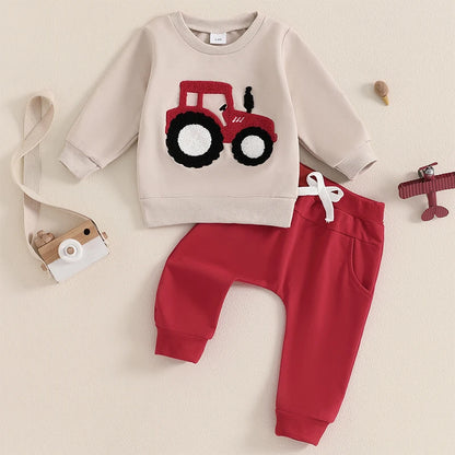 Jungen-Set für Frühling & Herbst – 2-teilig: Sweatshirt mit Traktor-Stickerei & einfarbige Hose – von Lioraitiin (0–3 Jahre)
