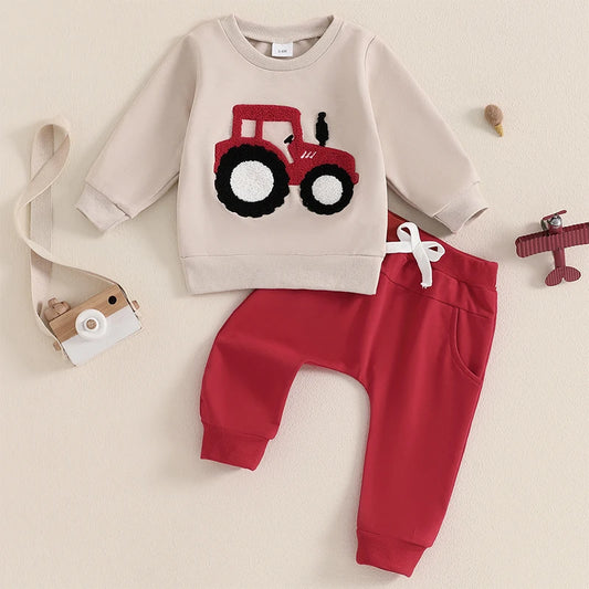 Jungen-Set für Frühling & Herbst – 2-teilig: Sweatshirt mit Traktor-Stickerei & einfarbige Hose – von Lioraitiin (0–3 Jahre)