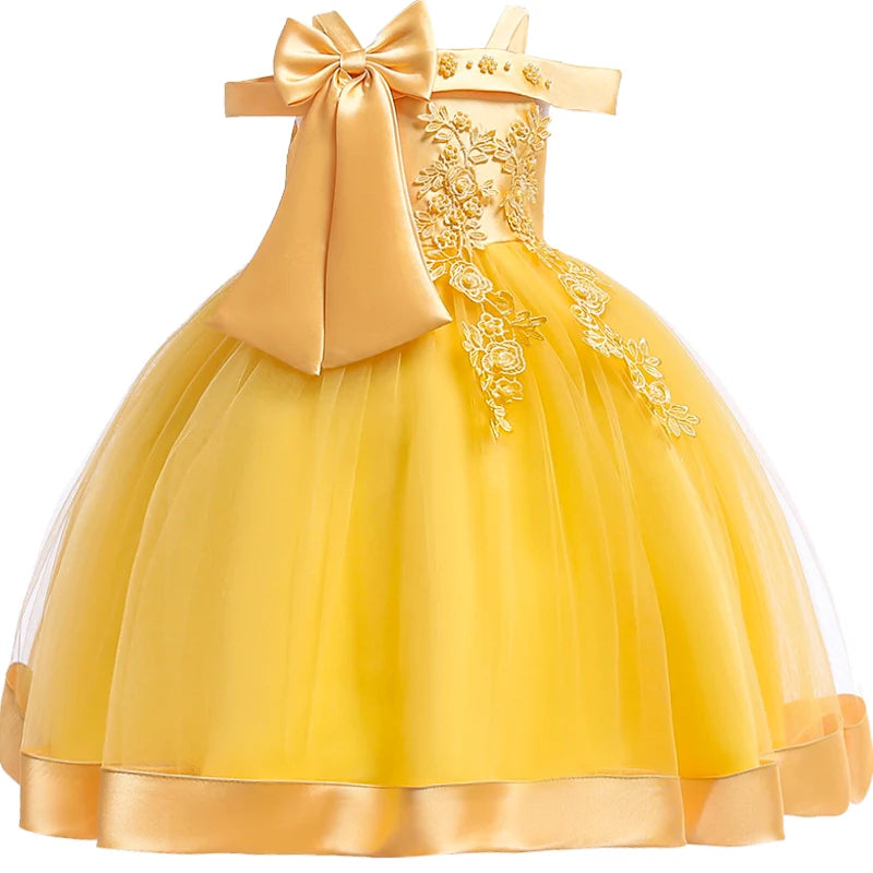 Elegantes Weihnachts- & Festkleid für Mädchen – Schulterfreies Ballkleid mit Blumenapplikationen & Schleife – Für Hochzeit, Geburtstag & Gala (Größe 110–150)
