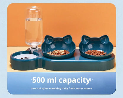 3-in-1 Katzennapf mit Wasserspender – Neigbares Design mit Ohrenform für Futter, Wasser und Nackenschutz