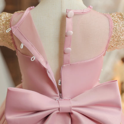 Vintage Prinzessinnenkleid mit Spitze & Stickerei – Luxuriöses Partykleid für Mädchen mit Rüschen & Goldakzenten (1–5 Jahre)