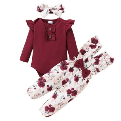 Baby Mädchen 3-teiliges Outfit – Langarm-Romper mit Blumen-Trägerhose & Stirnband | Weiches Baumwollset für Frühling & Herbst (0–24 Monate)