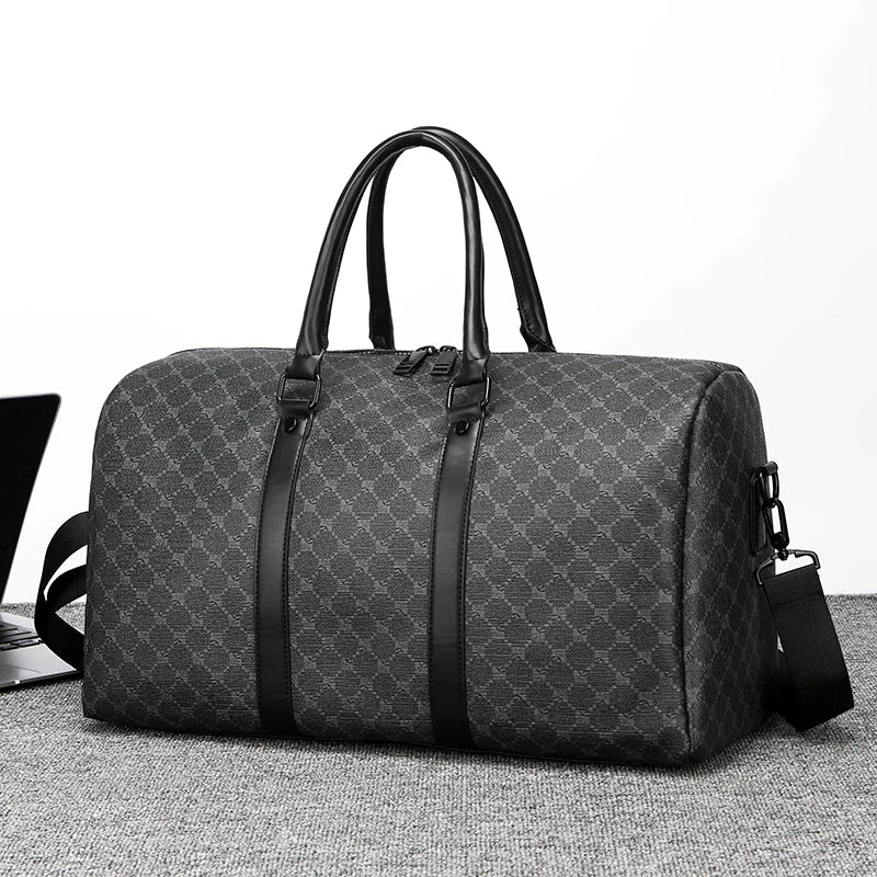 Herren Reisetasche – Schwarze PU-Ledertasche mit großem Fassungsvermögen und geometrischem Muster – Schultertasche für Business & Reisen