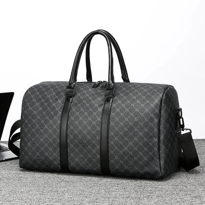 Herren Reisetasche – Schwarze PU-Ledertasche mit großem Fassungsvermögen und geometrischem Muster – Schultertasche für Business & Reisen