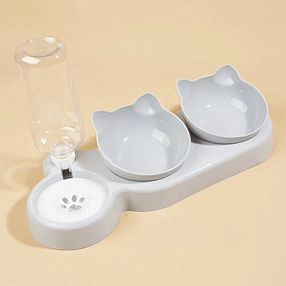 3-in-1 Katzennapf mit Wasserspender – Neigbares Design mit Ohrenform für Futter, Wasser und Nackenschutz