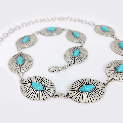 Boho Taillenkette für Damen – Silberfarbene Kette mit blauen Edelstein-Elementen | Eleganter Ellipsen-Look für Röcke & Kleider