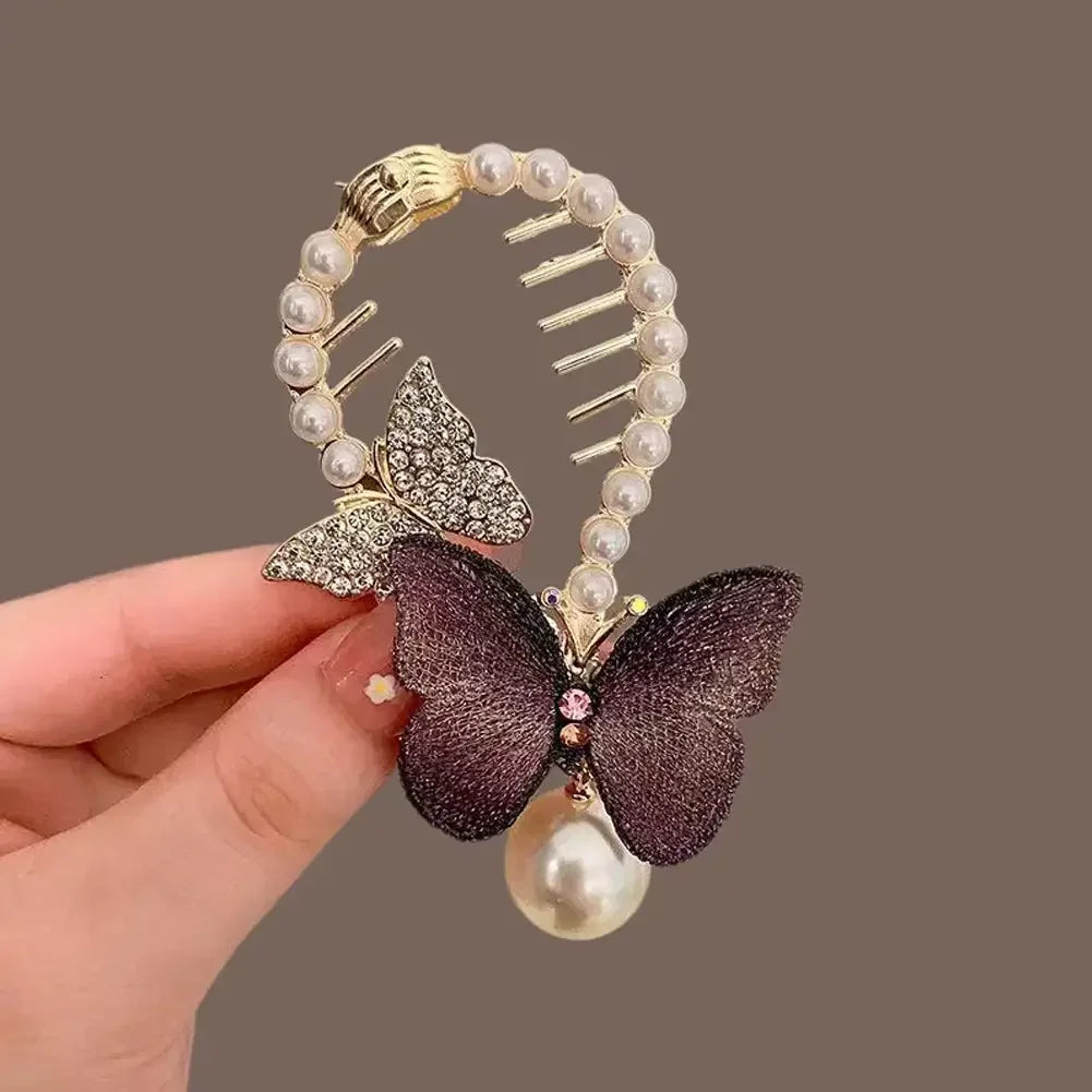 Elegante Haarkralle mit Blumen-Quaste – Schmetterling, Strass & Perlen – Haarclip für Damen | Dutt- & Zopfhalter Accessoire