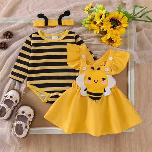 Herbst-Outfit für Baby-Mädchen – 3-teilig: Langarm-Romper mit Flügelärmeln, Trägerkleid mit Bienen-/Marienkäfer-Stickerei & Haarband – von Faithtur