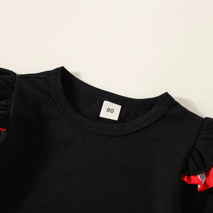 Sommer-Outfit für Mädchen (1–4 Jahre) – Schwarzes T-Shirt mit kurzen Ärmeln, gepunkteter Rock & Haarband – 3-teiliges Set