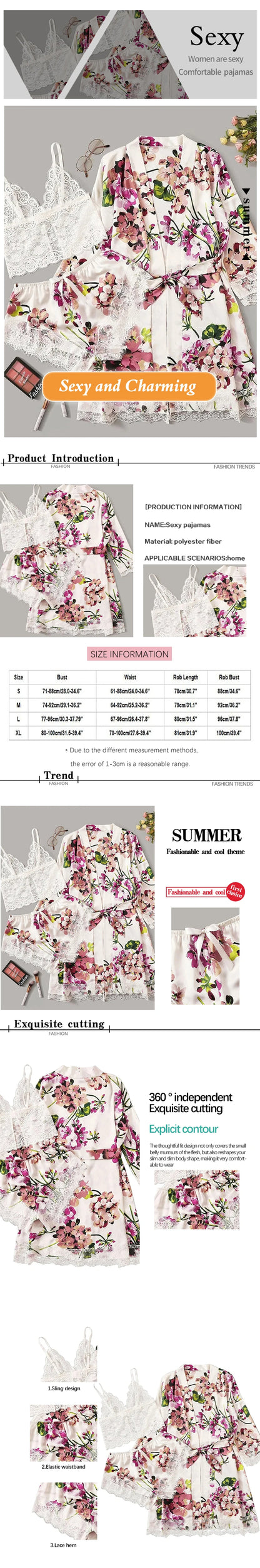 Damen 3-teiliges Pyjama-Set in Plus Size – Weiß mit Blumenmuster, Spitzen-Träger, Shorts & Morgenmantel