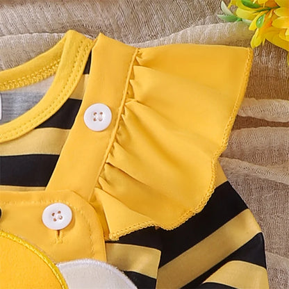 Herbst-Outfit für Baby-Mädchen – 3-teilig: Langarm-Romper mit Flügelärmeln, Trägerkleid mit Bienen-/Marienkäfer-Stickerei & Haarband – von Faithtur