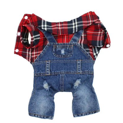 Hund / Katze Jeans-Hoodie Jumpsuit – Kariertes Denim-Outfit mit Kapuze für Frühling & Herbst – 4 Farben