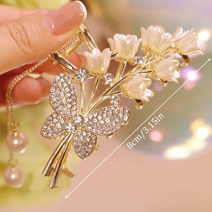 Luxuriöse Haarspange mit Strass, Glockenblume, Rose & Schmetterling – Elegante Haarklammer mit Quaste für Damen