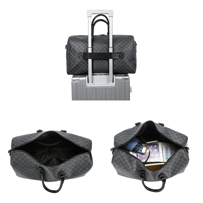 Herren Reisetasche – Schwarze PU-Ledertasche mit großem Fassungsvermögen und geometrischem Muster – Schultertasche für Business & Reisen