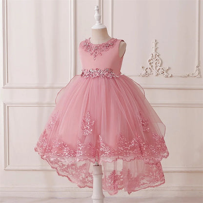 Prinzessinnenkleid für Mädchen mit Tüll & Stickerei – Rosa Partykleid mit Schleife & Schleppe – Für Geburtstag, Show & festliche Anlässe
