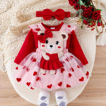 Frühlings-Outfit für Baby-Mädchen – 3-teilig: Langarm-Body, Herzträgerrock & Haarband (0–18 Monate)