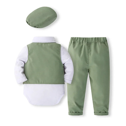 Luxuriöses 5-teiliges Baby Jungen Set – Frühlings- & Herbst-Outfit im Gentleman-Stil | Body + Weste + Hose + Krawatte + Hut – Koreanisches Design