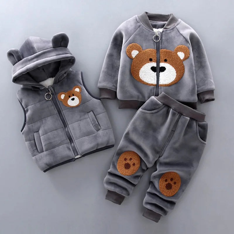 Warmer 3-teiliges Winter-Set für Babys – Kapuzenjacke mit Bärenmotiv, Weste & Hose – Baumwoll-Fleece für Jungen & Mädchen (1–3 Jahre)