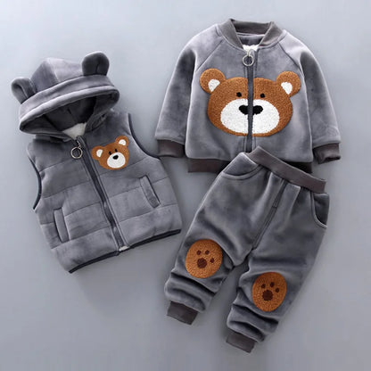 Warmer 3-teiliges Winter-Set für Babys – Kapuzenjacke mit Bärenmotiv, Weste & Hose – Baumwoll-Fleece für Jungen & Mädchen (1–3 Jahre)