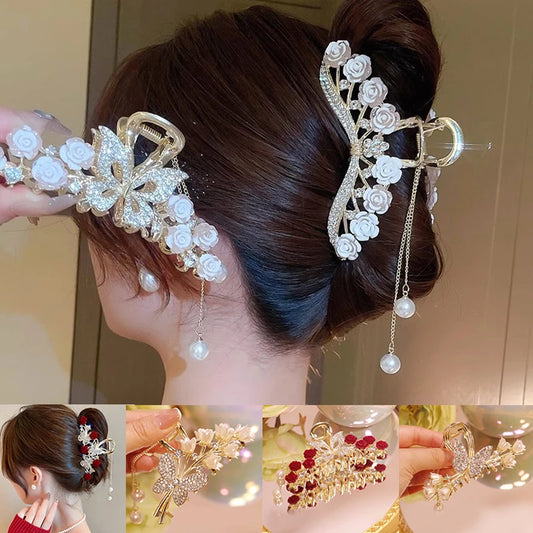 Luxuriöse Haarspange mit Strass, Glockenblume, Rose & Schmetterling – Elegante Haarklammer mit Quaste für Damen