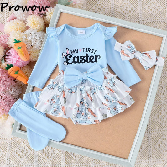 My First Easter” Baby-Mädchen-Outfit – 4-teilig: Hasen-Body, Karotten-Shorts, Socken & Haarband – von Prowow
