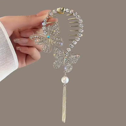 Elegante Haarkralle mit Blumen-Quaste – Schmetterling, Strass & Perlen – Haarclip für Damen | Dutt- & Zopfhalter Accessoire