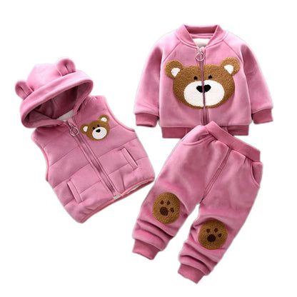 Warmer 3-teiliges Winter-Set für Babys – Kapuzenjacke mit Bärenmotiv, Weste & Hose – Baumwoll-Fleece für Jungen & Mädchen (1–3 Jahre)