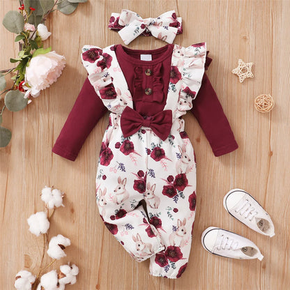 Baby Mädchen 3-teiliges Outfit – Langarm-Romper mit Blumen-Trägerhose & Stirnband | Weiches Baumwollset für Frühling & Herbst (0–24 Monate)