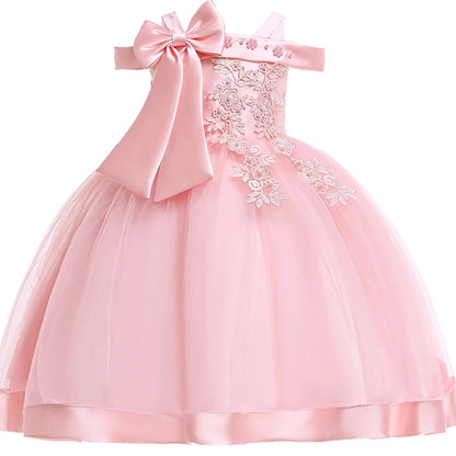 Elegantes Weihnachts- & Festkleid für Mädchen – Schulterfreies Ballkleid mit Blumenapplikationen & Schleife – Für Hochzeit, Geburtstag & Gala (Größe 110–150)