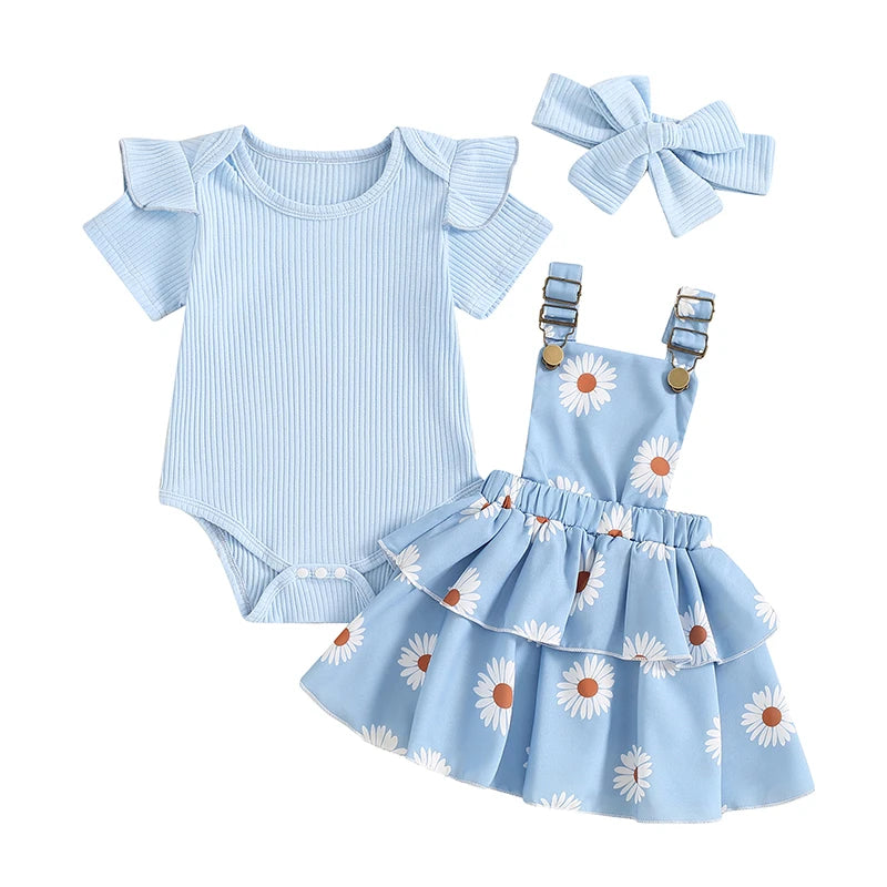 Frühlings-Outfit für Baby-Mädchen – 3-teilig: Kurzarm-Ripp-Body, Trägerrock & Haarband – von Pudcoco (0–18 Monate)