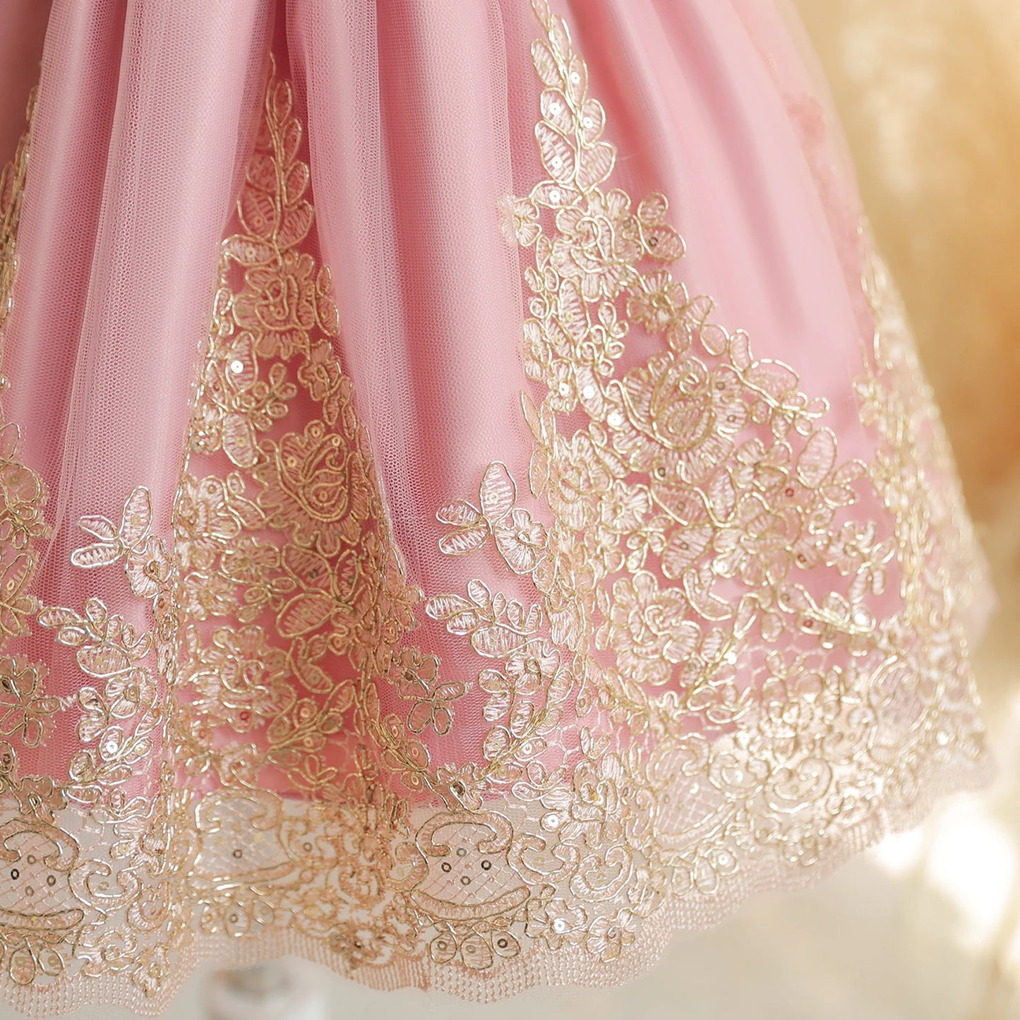 Vintage Prinzessinnenkleid mit Spitze & Stickerei – Luxuriöses Partykleid für Mädchen mit Rüschen & Goldakzenten (1–5 Jahre)