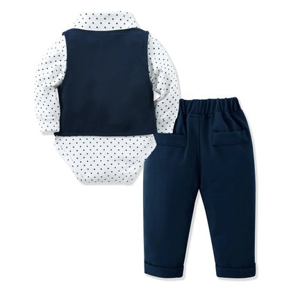 Baby Jungen Gentleman Set – Elegantes Polka-Dot Outfit mit Body, Hose, Weste & Fliege | Perfekt für Geburtstag, Taufe & festliche Anlässe