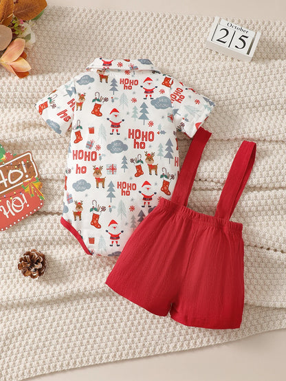 Weihnachts-Outfit für Baby-Jungen (0–12 Monate) – 2-teilig: Santa Body mit kurzen Ärmeln & Hosenträgerhose – Gentleman-Stil