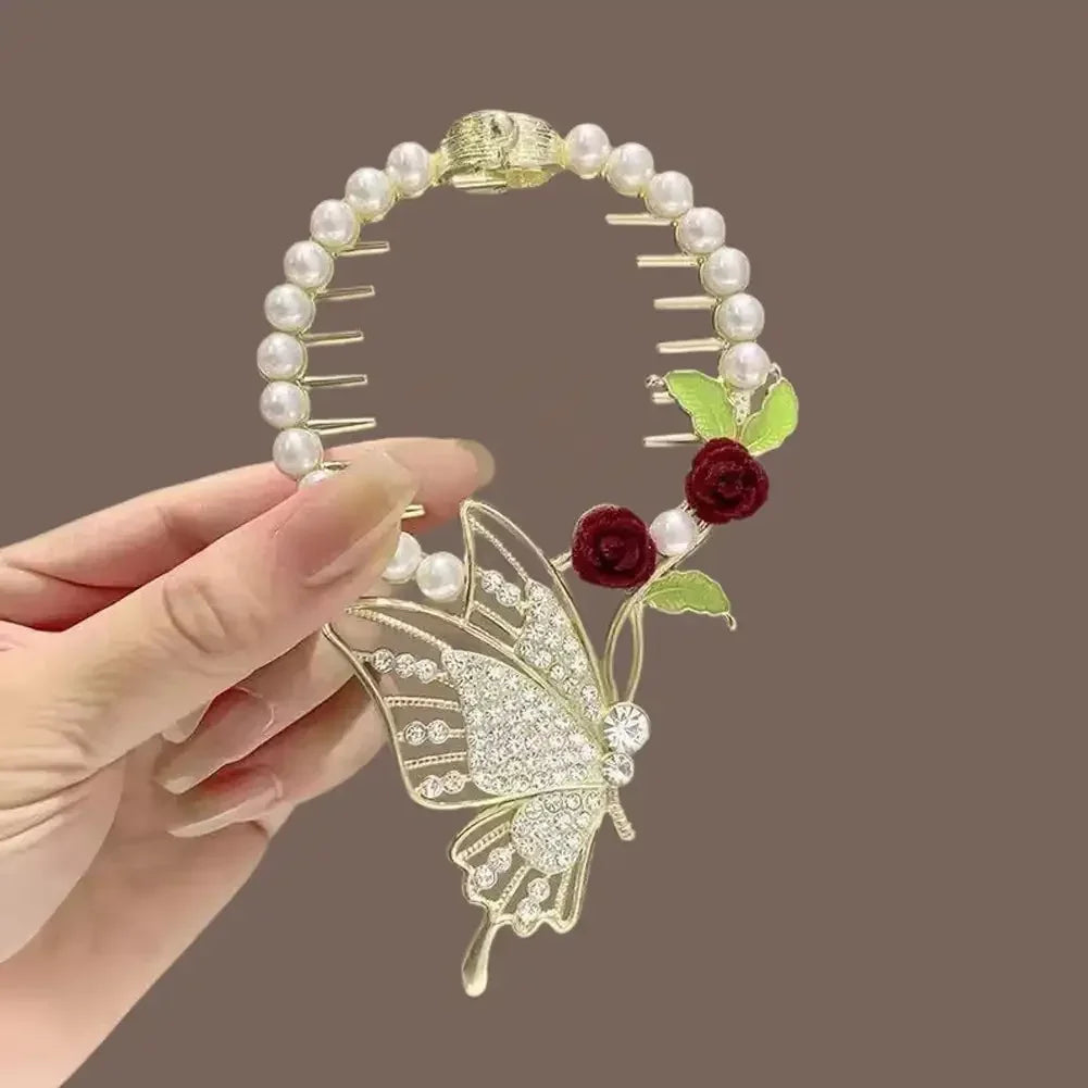Elegante Haarkralle mit Blumen-Quaste – Schmetterling, Strass & Perlen – Haarclip für Damen | Dutt- & Zopfhalter Accessoire