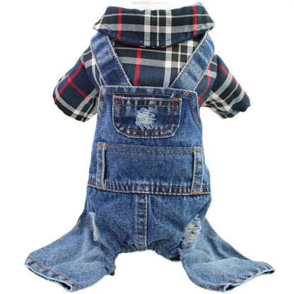 Hund / Katze Jeans-Hoodie Jumpsuit – Kariertes Denim-Outfit mit Kapuze für Frühling & Herbst – 4 Farben