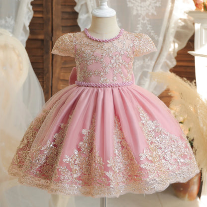 Vintage Prinzessinnenkleid mit Spitze & Stickerei – Luxuriöses Partykleid für Mädchen mit Rüschen & Goldakzenten (1–5 Jahre)