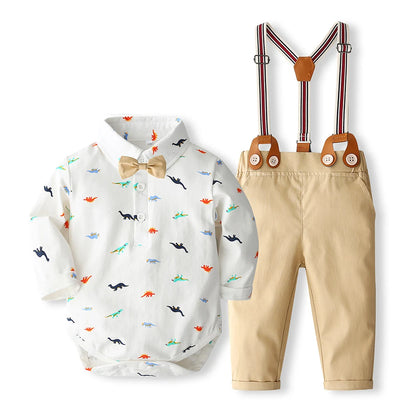 Elegantes Baby-Jungen Outfit – 4-teilig: Langarm-Body, Hose, Hosenträger & Fliege – für Geburtstag, Hochzeit & Feste (0–24 Monate)