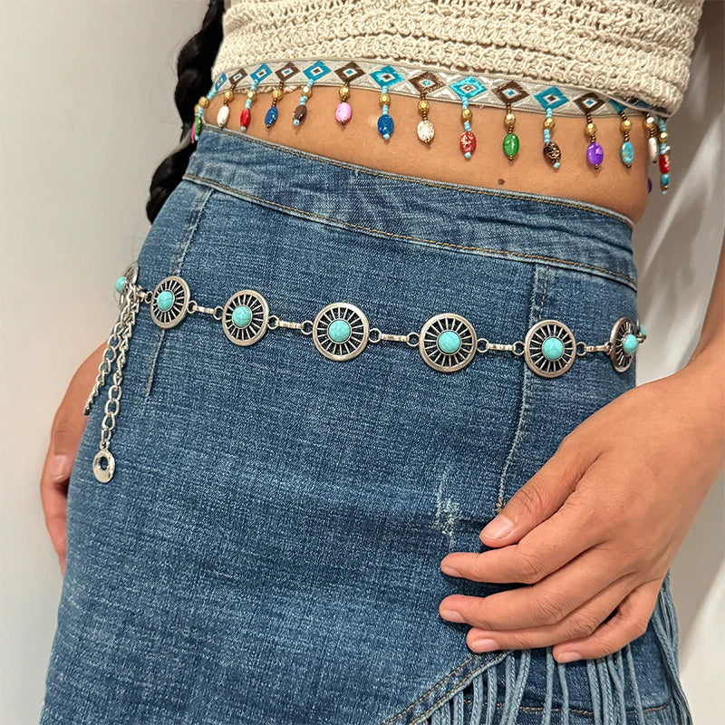 Boho Taillenkette für Damen – Silberfarbene Kette mit blauen Edelstein-Elementen | Eleganter Ellipsen-Look für Röcke & Kleider