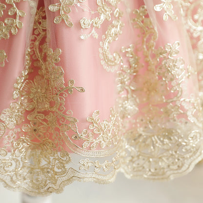 Vintage Prinzessinnenkleid mit Spitze & Stickerei – Luxuriöses Partykleid für Mädchen mit Rüschen & Goldakzenten (1–5 Jahre)