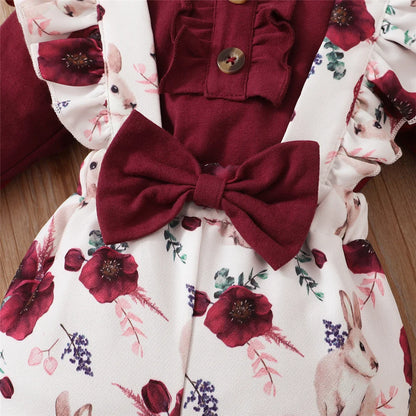 Baby Mädchen 3-teiliges Outfit – Langarm-Romper mit Blumen-Trägerhose & Stirnband | Weiches Baumwollset für Frühling & Herbst (0–24 Monate)