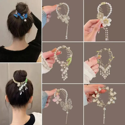 Elegante Haarkralle mit Blumen-Quaste – Schmetterling, Strass & Perlen – Haarclip für Damen | Dutt- & Zopfhalter Accessoire