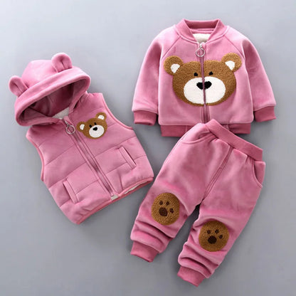 Warmer 3-teiliges Winter-Set für Babys – Kapuzenjacke mit Bärenmotiv, Weste & Hose – Baumwoll-Fleece für Jungen & Mädchen (1–3 Jahre)