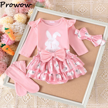 My First Easter” Baby-Mädchen-Outfit – 4-teilig: Hasen-Body, Karotten-Shorts, Socken & Haarband – von Prowow