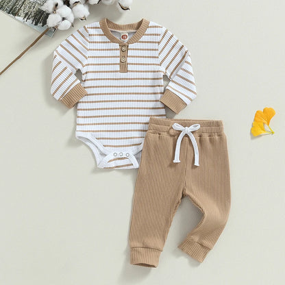 Herbst-Outfit für Baby Jungen – Langarm-Body mit Streifenmuster + Hose | 2-teiliges Set aus Baumwollmischung für Frühling & Herbst