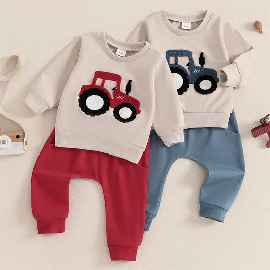 Jungen-Set für Frühling & Herbst – 2-teilig: Sweatshirt mit Traktor-Stickerei & einfarbige Hose – von Lioraitiin (0–3 Jahre)